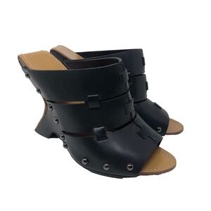 Tom Ford Black Leather Stud Embellished Wedge Sandal Womens 39.5 US 8 Black